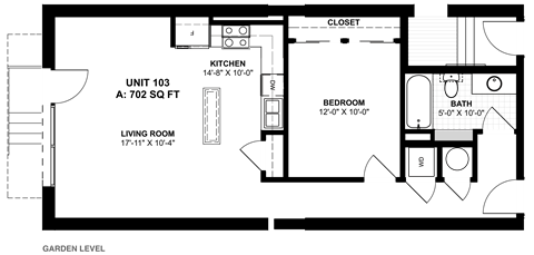 Floor plan for 1 bed, 1 bath, 702 sqft